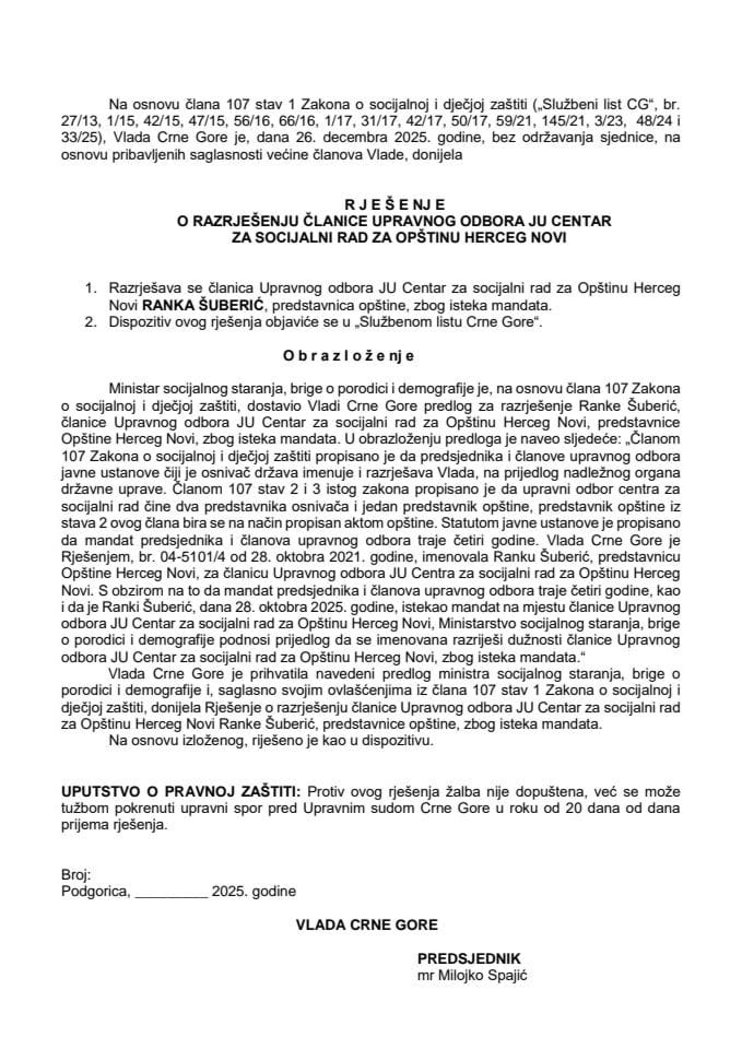 Predlog za razrješenje članice Upravnog odbora JU Centar za socijalni rad za Opštinu Herceg Novi
