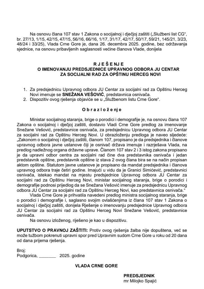 Predlog za imenovanje predsjednice Upravnog odbora JU Centar za socijalni rad za Opštinu Herceg Novi
