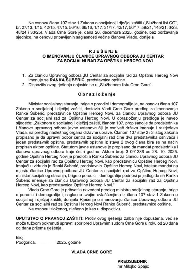 Predlog za imenovanje članice Upravnog odbora JU Centar za socijalni rad za Opštinu Herceg Novi