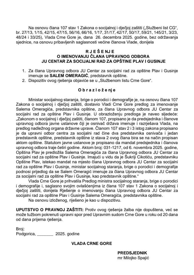 Predlog za imenovanje člana Upravnog odbora JU Centar za socijalni rad za opštine Plav i Gusinje