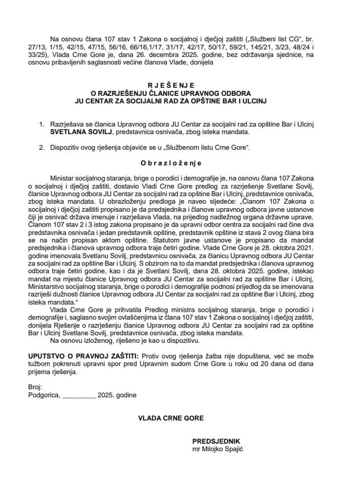 Predlog za razrješenje članice Upravnog odbora JU Centar za socijalni rad za opštine Bar i Ulcinj