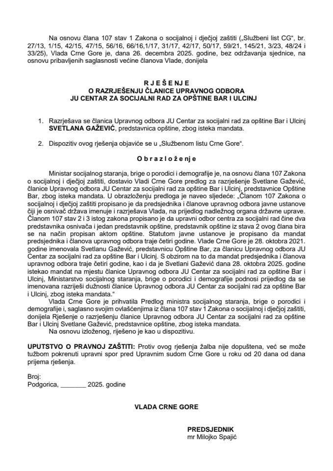 Predlog za razrješenje članice Upravnog odbora JU Centar za socijalni rad za opštine Bar i Ulcinj