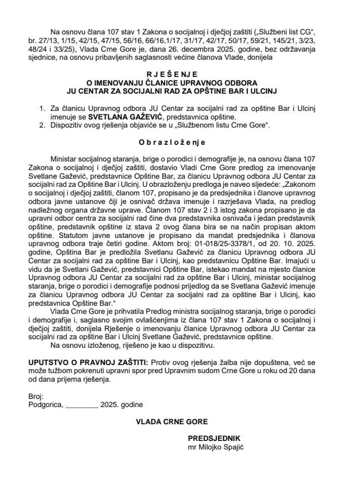 Predlog za imenovanje članice Upravnog odbora JU Centar za socijalni rad za opštine Bar i Ulcinj