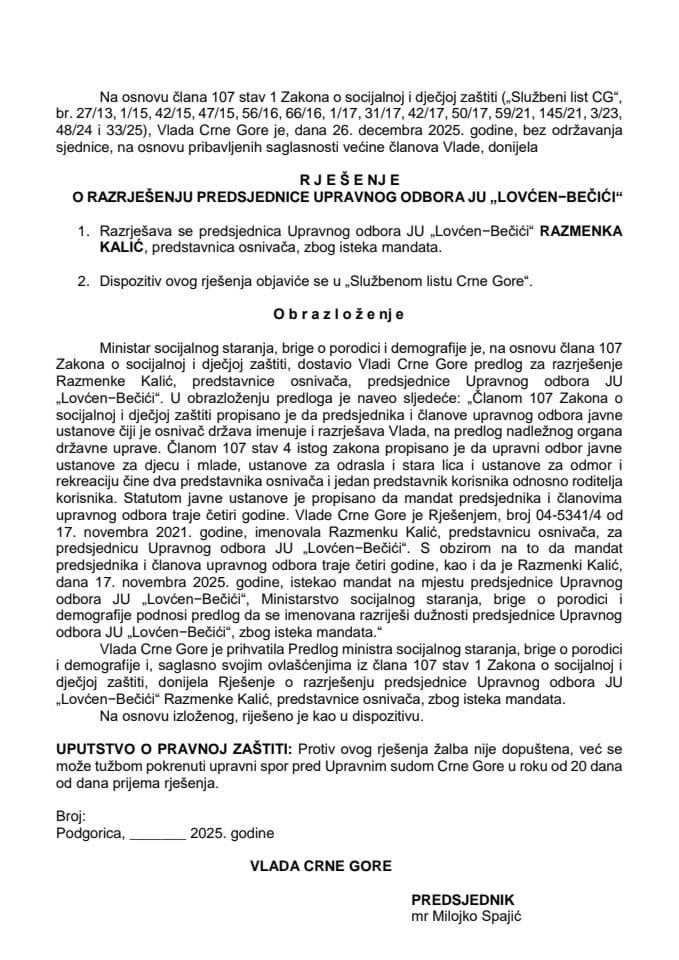 Predlog za razrješenje predsjednice Upravnog odbora JU "Lovćen-Bečići"