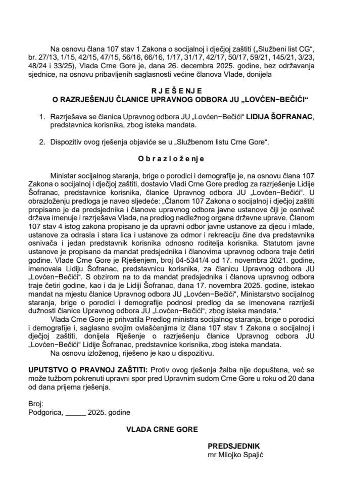 Predlog za razrješenje članice Upravnog odbora JU "Lovćen-Bečići"