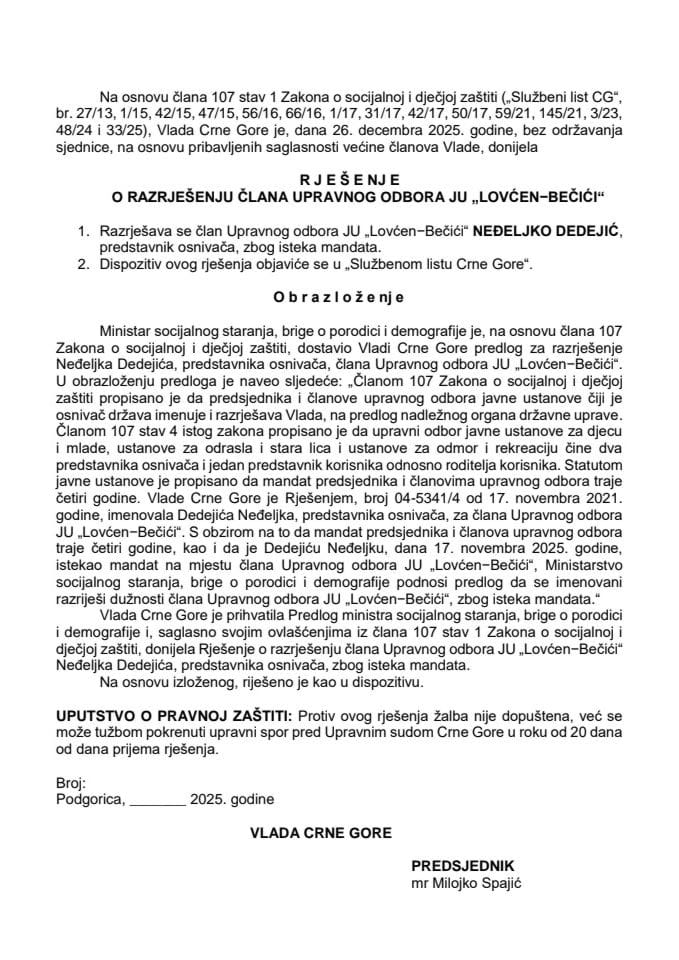 Predlog za razrješenje člana Upravnog odbora JU "Lovćen-Bečići"