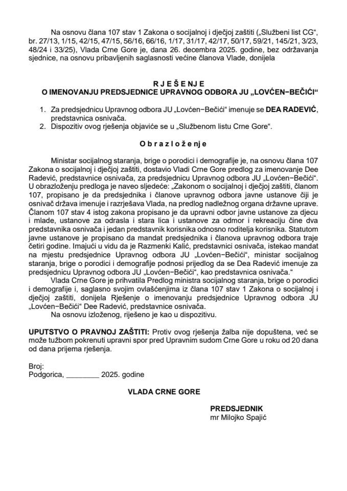 Predlog za imenovanje predsjednice Upravnog odbora JU “Lovćen – Bečići”