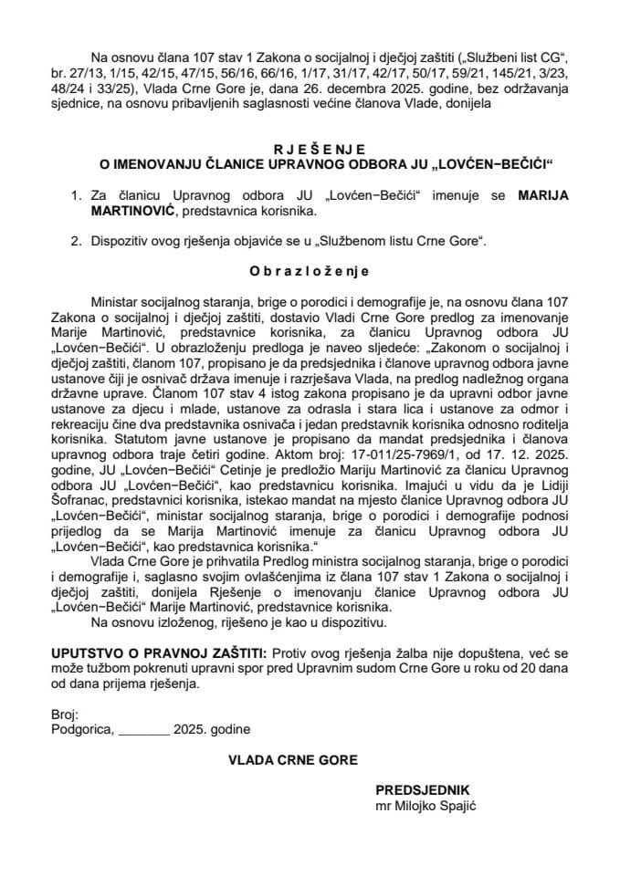 Predlog za imenovanje članice Upravnog odbora JU "Lovćen-Bečići"