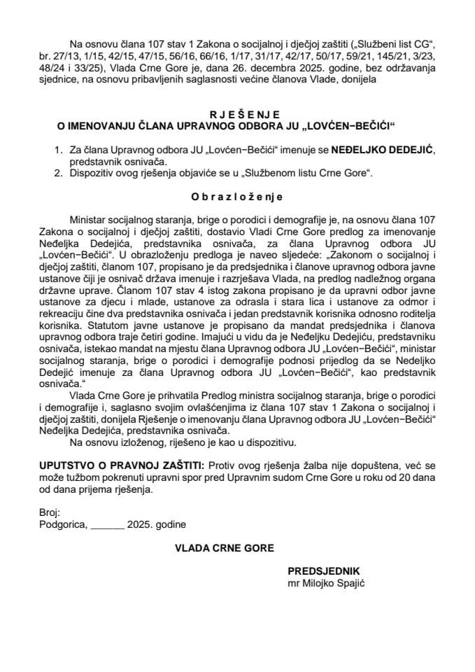 Predlog za imenovanje člana Upravnog odbora JU “Lovćen – Bečići”