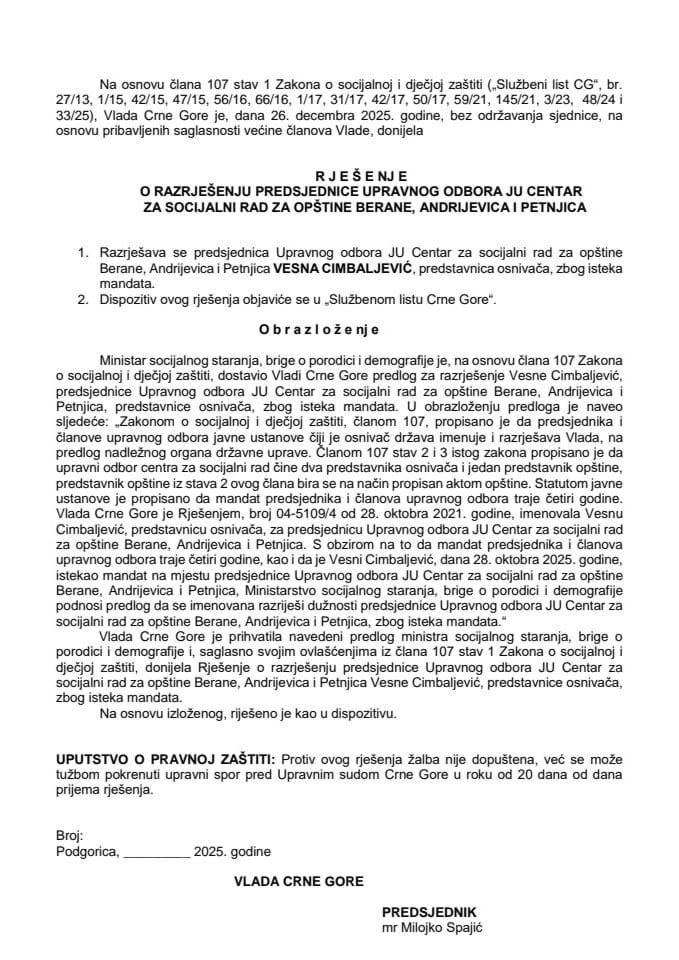 Predlog za razrješenje predsjednice Upravnog odbora JU Centar za socijalni rad za opštine Berane, Andrijevica i Petnjica