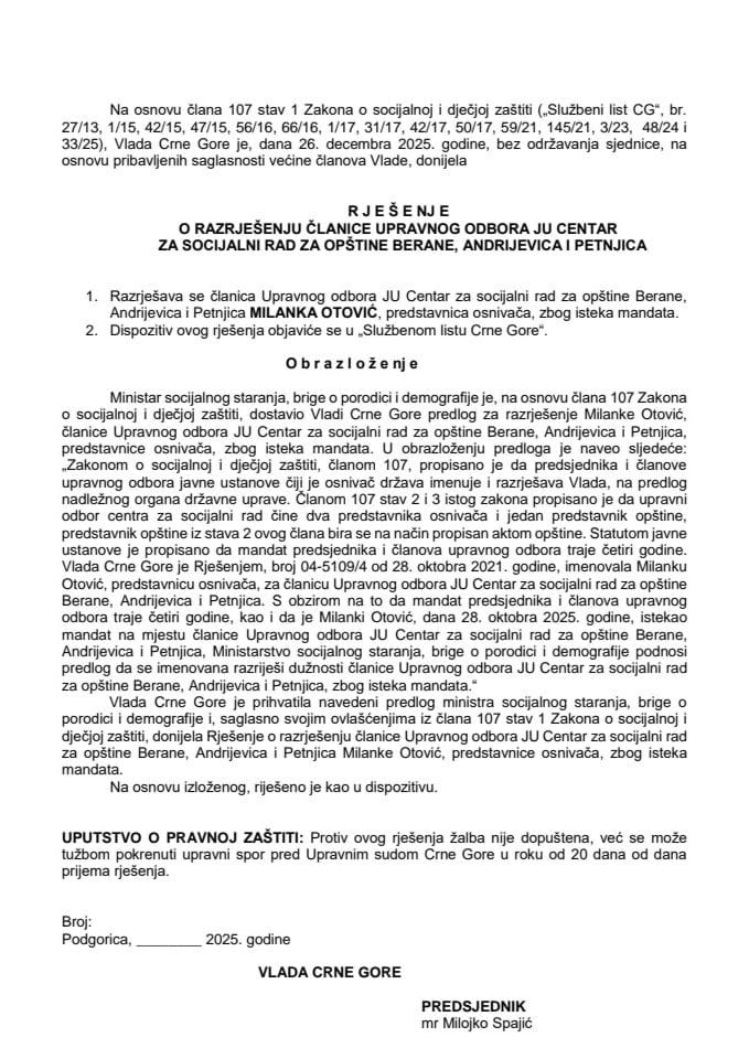 Predlog za razrješenje članice Upravnog odbora JU Centar za socijalni rad za opštine Berane, Andrijevica i Petnjica
