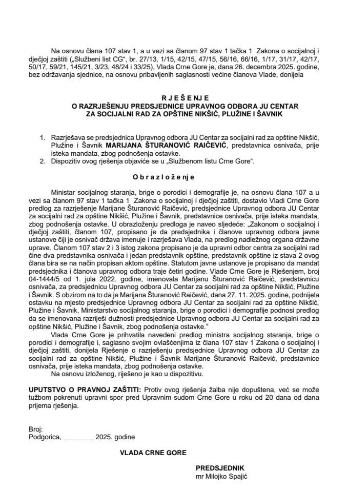 Predlog za razrješenje predsjednice Upravnog odbora JU Centar za socijalni rad za opštine Nikšić, Plužine i Šavnik