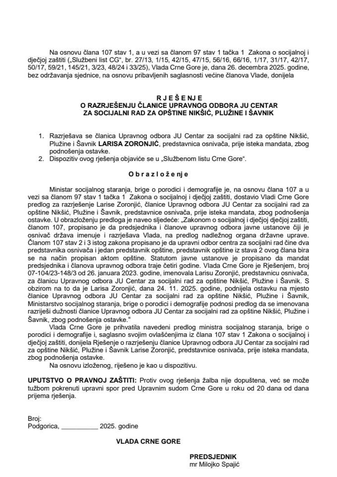 Predlog za razrješenje članice Upravnog odbora JU Centar za socijalni rad za opštine Nikšić, Plužine i Šavnik