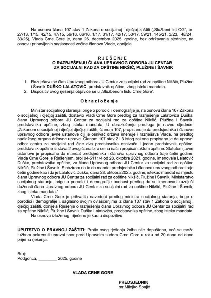 Predlog za razrješenje člana Upravnog odbora JU Centar za socijalni rad za opštine Nikšić, Plužine i Šavnik