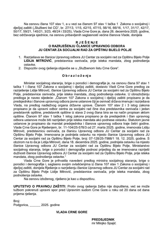 Predlog za razrješenje članice Upravnog odbora JU Centar za socijalni rad za Opštinu Bijelo Polje