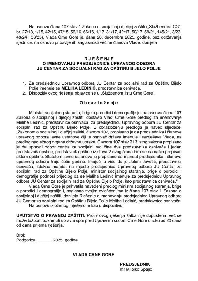 Predlog za imenovanje predsjednice Upravnog odbora JU Centar za socijalni rad za Opštinu Bijelo Polje