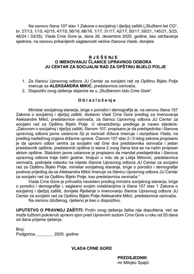 Predlog za imenovanje članice Upravnog odbora JU Centar za socijalni rad za Opštinu Bijelo Polje