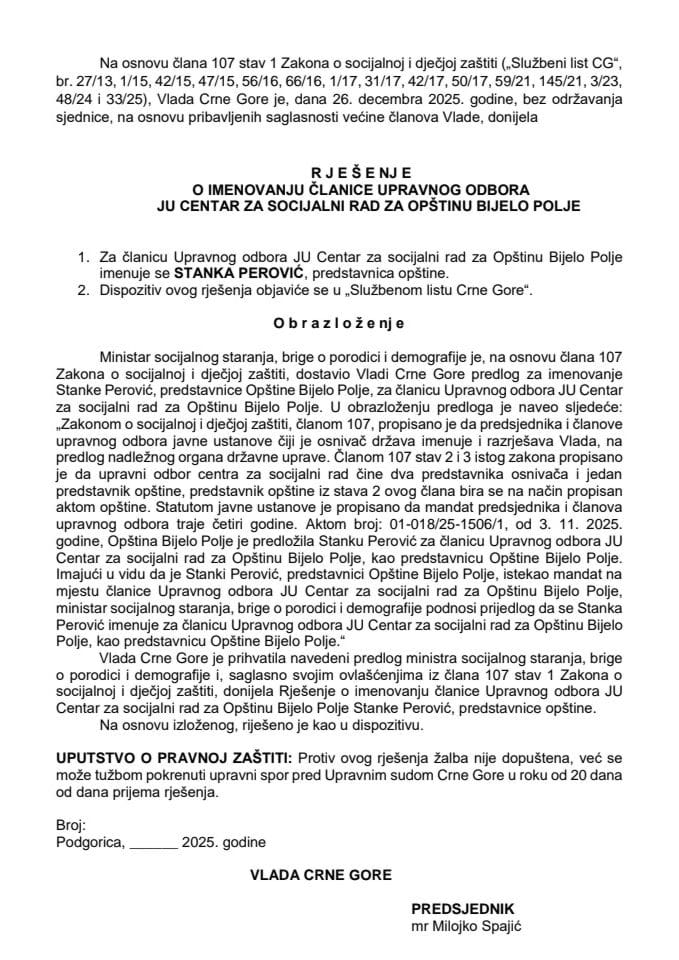 Predlog za imenovanje članice Upravnog odbora JU Centar za socijalni rad za Opštinu Bijelo Polje