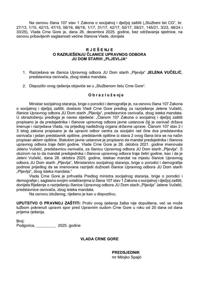 Predlog za razrješenje članice Upravnog odbora JU Dom starih "Pljevlja"