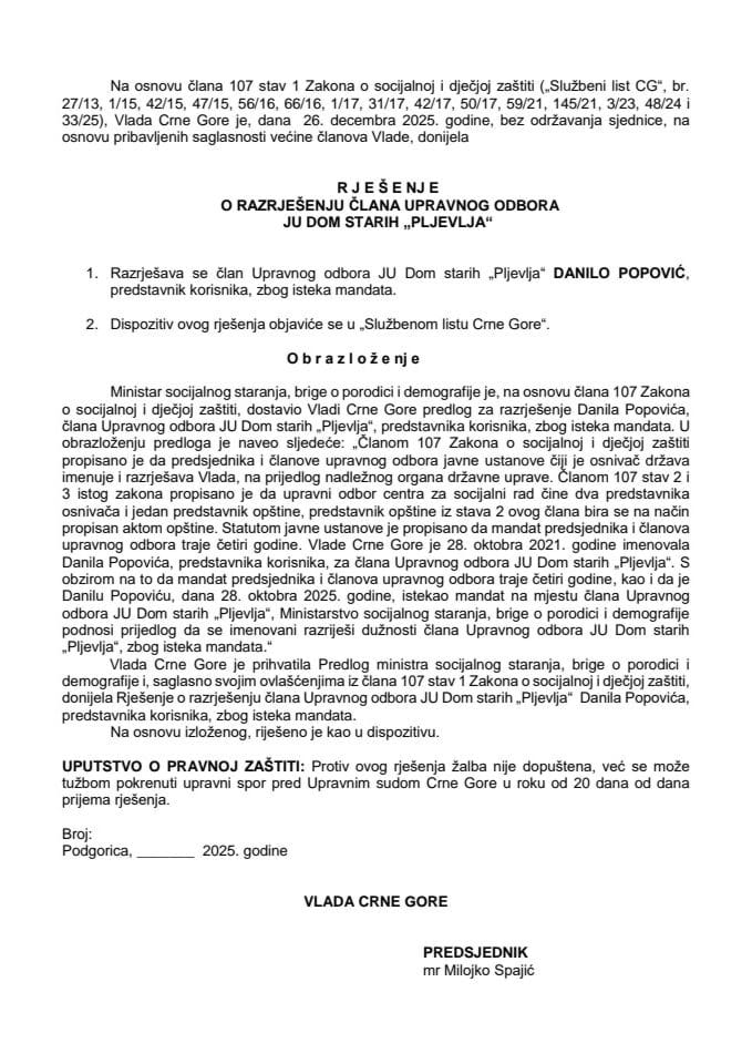Predlog za razrješenje člana Upravnog odbora JU Dom starih "Pljevlja"