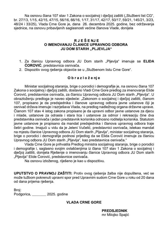 Predlog za imenovanje članice Upravnog odbora JU Dom starih “Pljevlja"