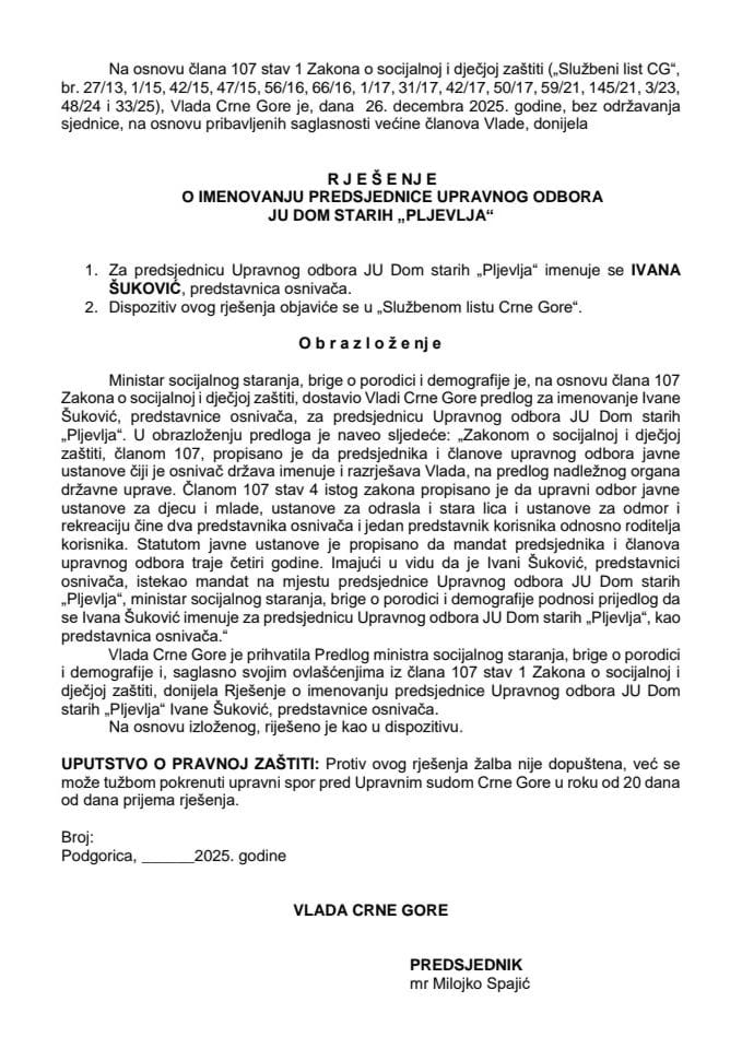 Predlog za imenovanje predsjednice Upravnog odbora JU Dom starih “Pljevlja”