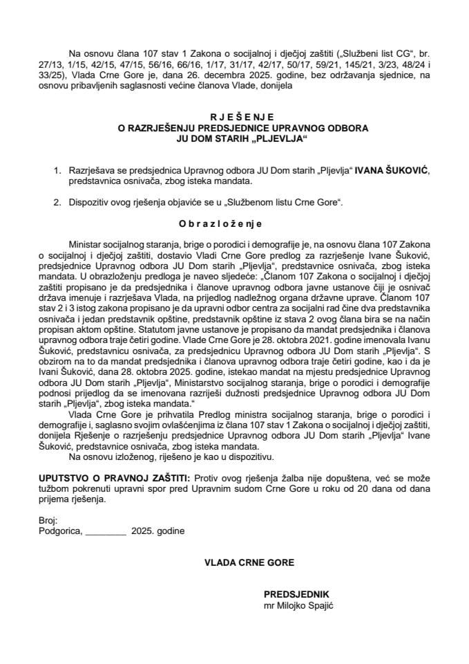 Predlog za razrješenje predsjednice Upravnog odbora JU Dom starih "Pljevlja"