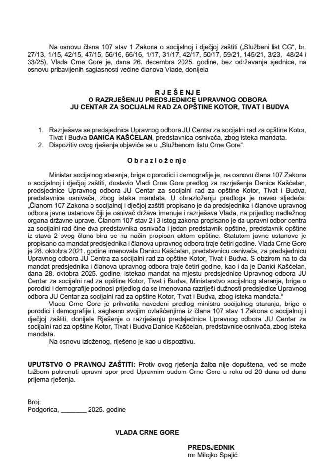 Predlog za razrješenje predsjednice Upravnog odbora JU Centar za socijalni rad za opštine Kotor, Tivat i Budva