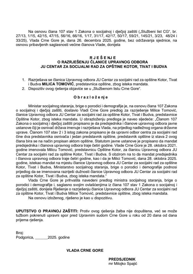 Predlog za razrješenje članice Upravnog odbora JU Centar za socijalni rad za opštine Kotor, Tivat i Budva