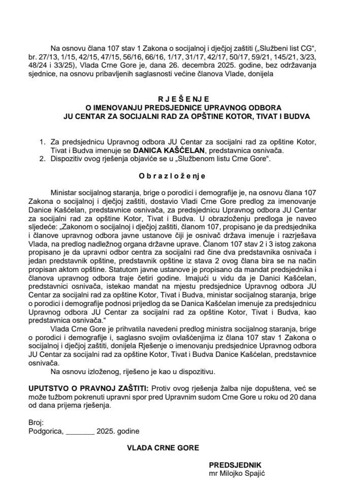Predlog za imenovanje predsjednice Upravnog odbora JU Centar za socijalni rad za opštine Kotor, Tivat i Budva