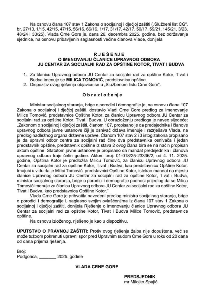 Predlog za imenovanje članice Upravnog odbora JU Centar za socijalni rad za opštine Kotor, Tivat i Budva
