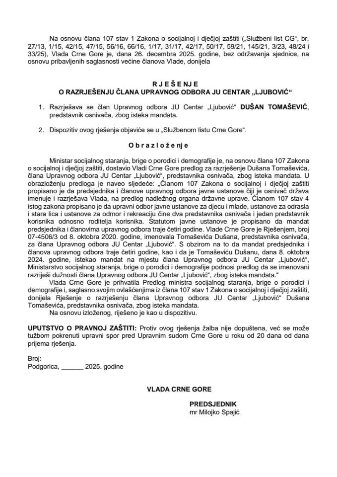 Predlog za razrješenje člana Upravnog odbora JU Centar "Ljubović"