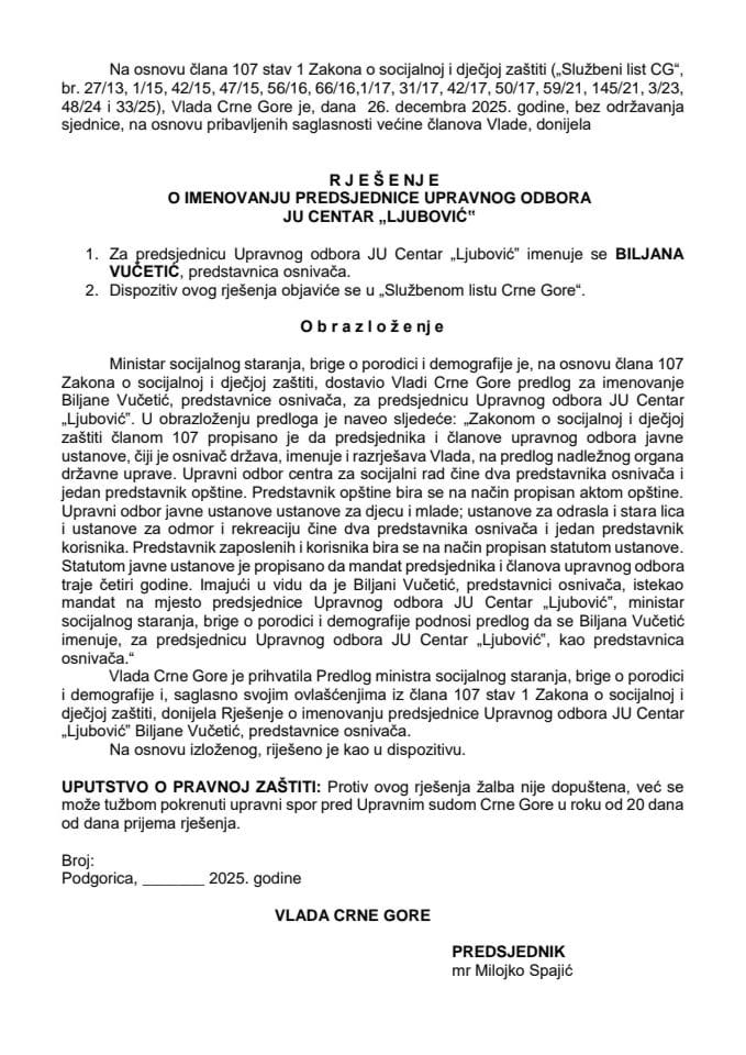 Predlog za imenovanje predsjednice Upravnog odbora JU Centar "Ljubović"