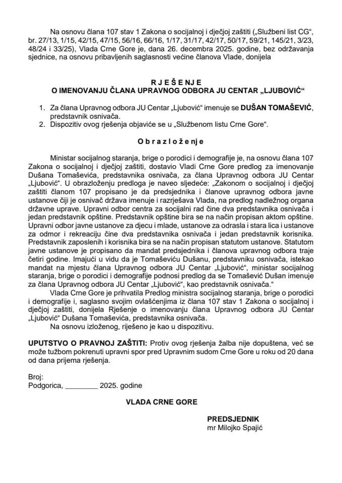 Predlog za imenovanje člana Upravnog odbora JU Centar "Ljubović"