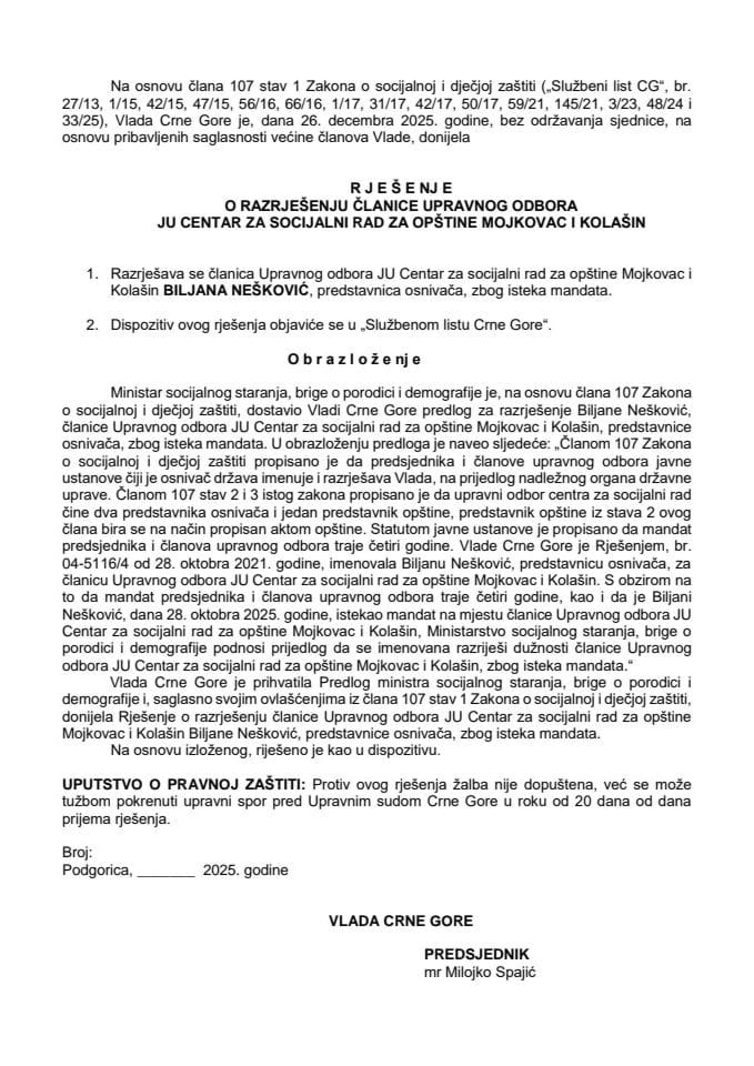 Predlog za razrješenje članice Upravnog odbora JU Centar za socijalni rad za opštine Kolašin i Mojkovac
