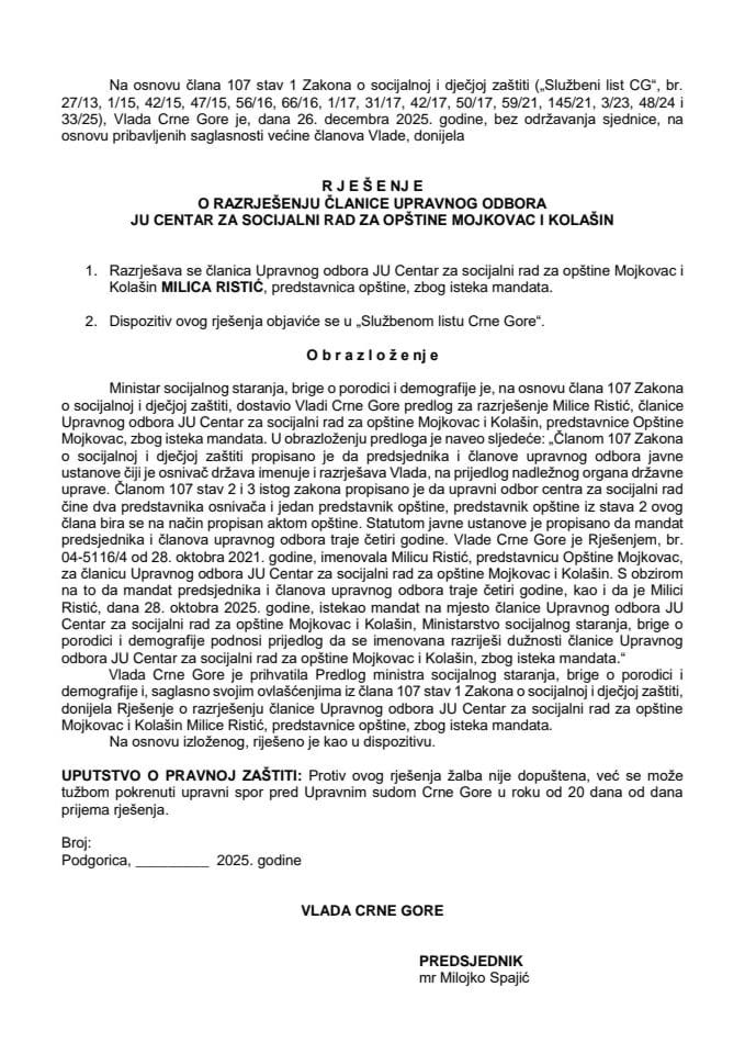 Predlog za razrješenje članice Upravnog odbora JU Centar za socijalni rad za opštine Kolašin i Mojkovac