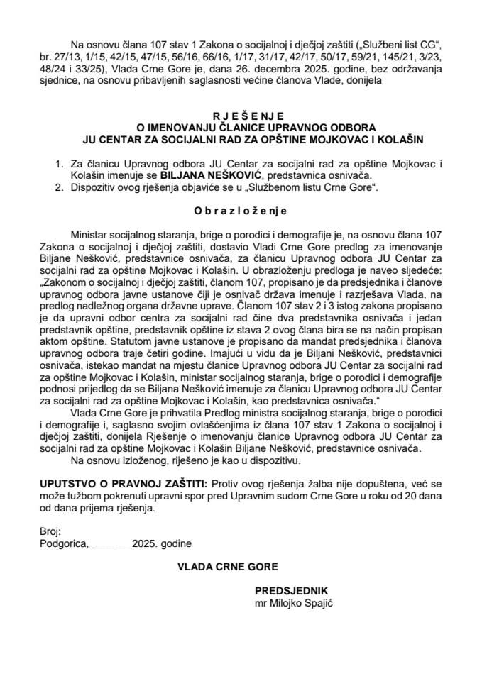 Predlog za imenovanje članice Upravnog odbora JU Centar za socijalni rad za opštine Kolašin i Mojkovac