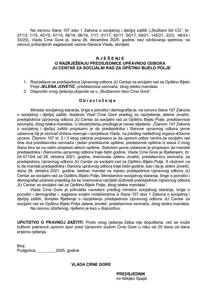 Predlog za razrješenje predsjednice Upravnog odbora JU Centar za socijalni rad za Opštinu Bijelo Polje