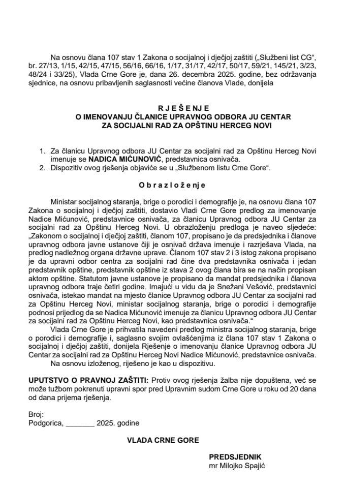 Predlog za imenovanje članice Upravnog odbora JU Centar za socijalni rad za Opštinu Herceg Novi