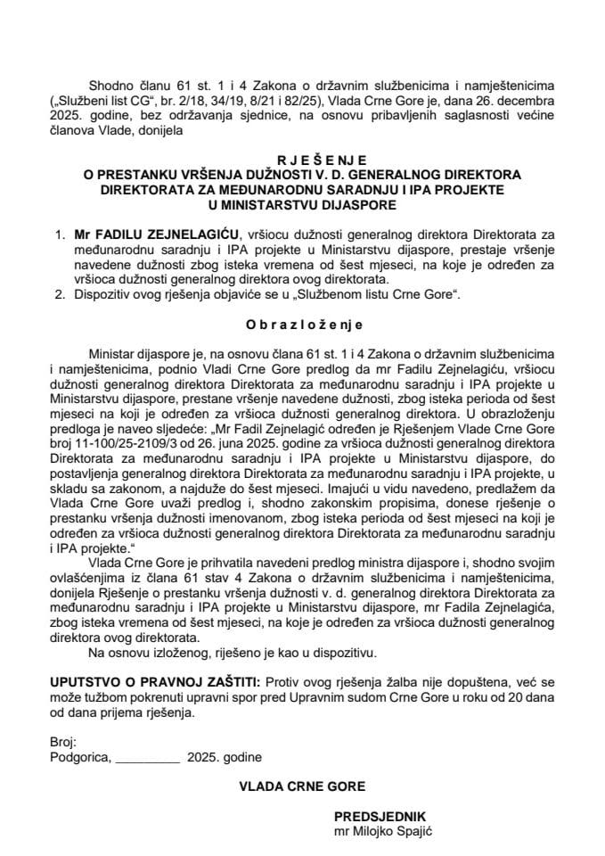 Predlog za prestanak vršenja dužnosti v. d. generalnog direktora Direktorata za međunarodnu saradnju i IPA projekte u Ministarstvu dijaspore