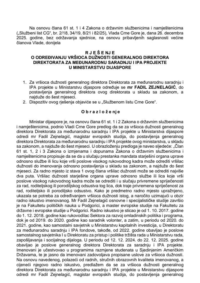 Predlog za određivanje vršioca dužnosti generalnog direktora Direktorata za međunarodnu saradnju i IPA projekte u Ministarstvu dijaspore