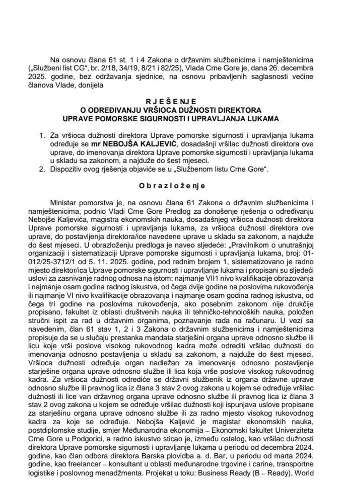 Predlog za određivanje vršioca dužnosti direktora Uprave pomorske sigurnosti i upravljanja lukama