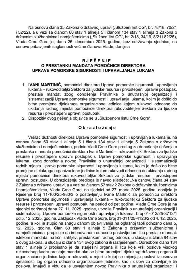 Predlog za prestanak mandata pomoćnice direktora Uprave pomorske sigurnosti i upravljanja lukama