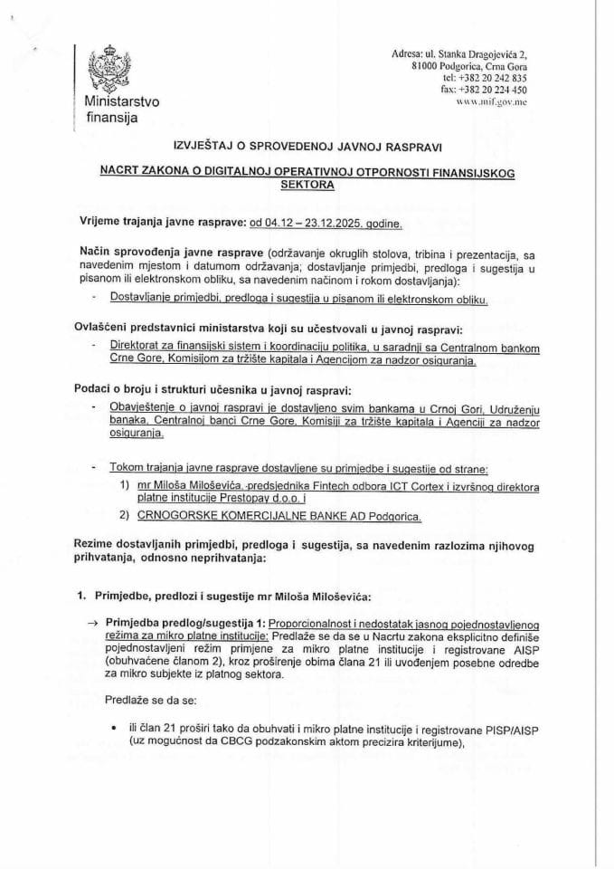 Izvještaj o sprovedenoj javnoj raspravi za Nacrt zakona o digitalnoj operativnoj otpornosti finansijskog sektora