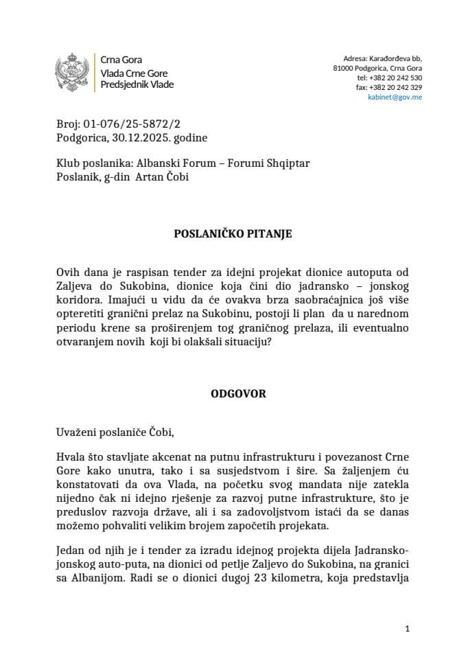 Premijerski sat: Odgovor predsjednika Vlade Milojka Spajića na poslaničko pitanje Artana Čobija