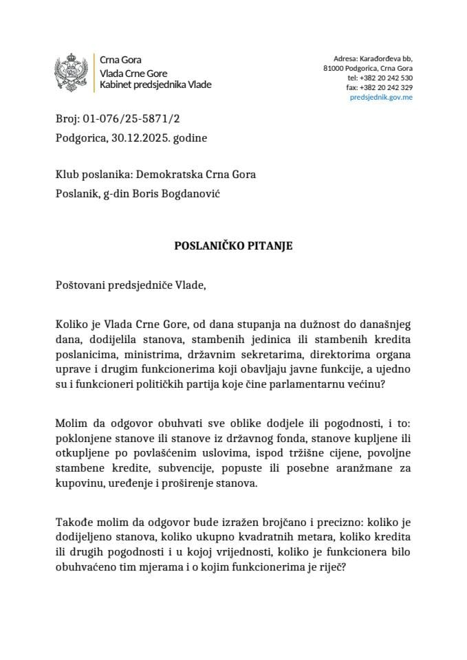 Premijerski sat: Odgovor predsjednika Vlade Milojka Spajića na poslaničko pitanje Borisa Bogdanovića