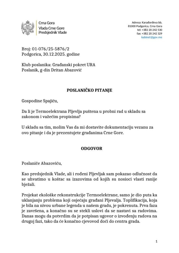 Premijerski sat: Odgovor predsjednika Vlade Milojka Spajića na poslaničko pitanje Dritana Abazovića