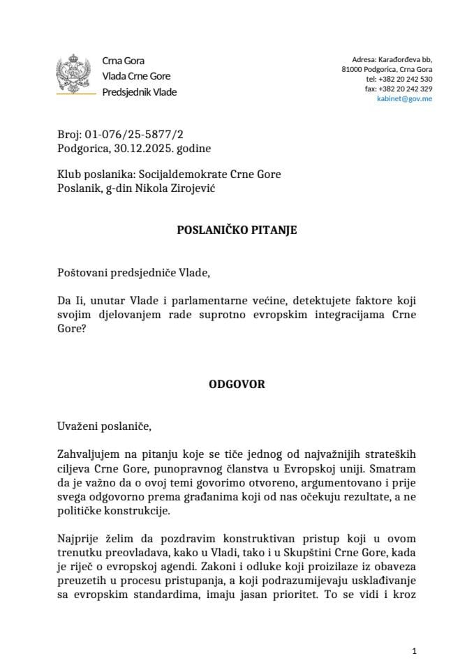Premijerski sat: Odgovor predsjednika Vlade Milojka Spajića na poslaničko pitanje Nikole Zirojevića