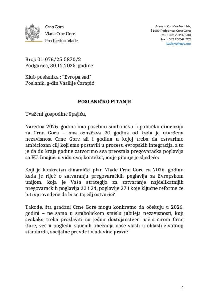 Premijerski sat: Odgovor predsjednika Vlade Milojka Spajića na poslaničko pitanje Vasilija Čarapića