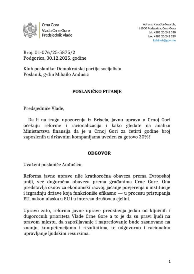 Premijerski sat: Odgovor predsjednika Vlade Milojka Spajića na poslaničko pitanje Mihaila Anđušića